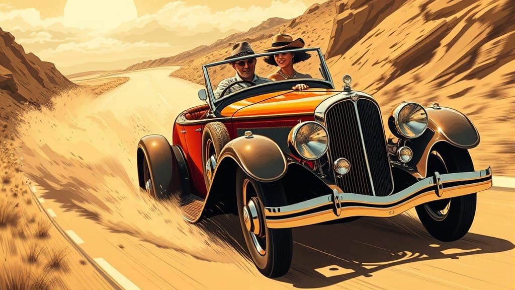 Vintage Phaeton Speeds Down Winding Road in Art Deco Style