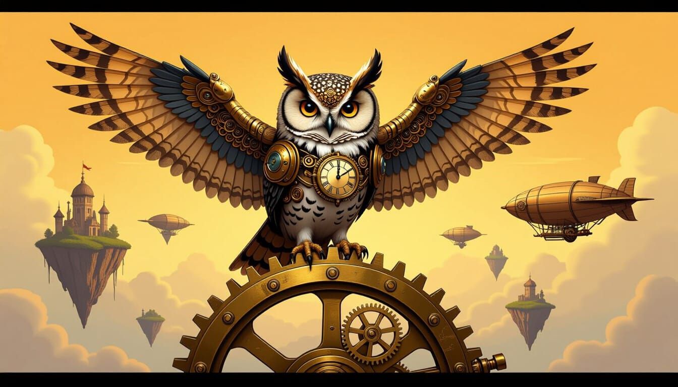 Steampunk Owl on Brass Gear in Surreal Fantasy Sky