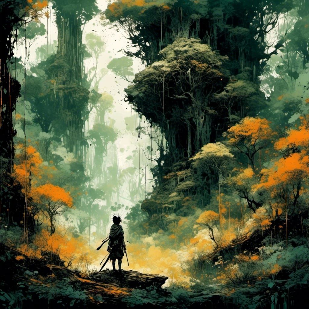 Lonely Warrior in Ancient Forest: Ghibli Anime Art
