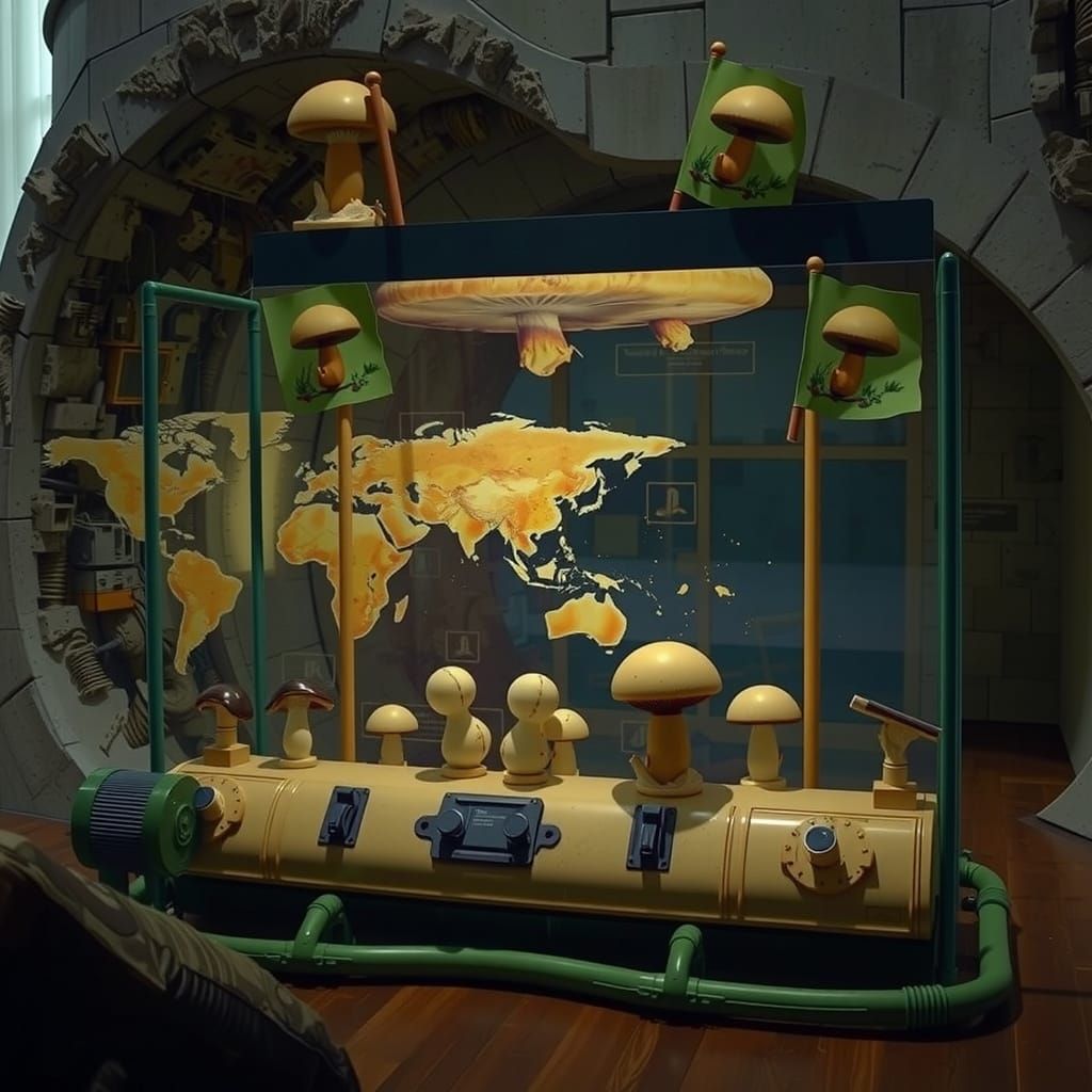 Hyperreal Mushroom Scene with Porcelain and Chewing Gum