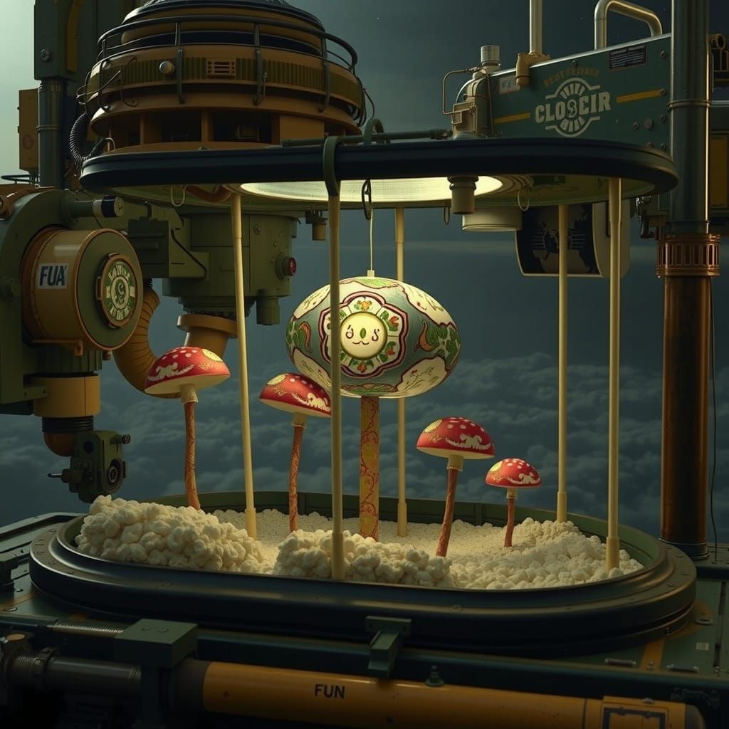 Surreal Mushroom Flags in Dystopian Cloudscape