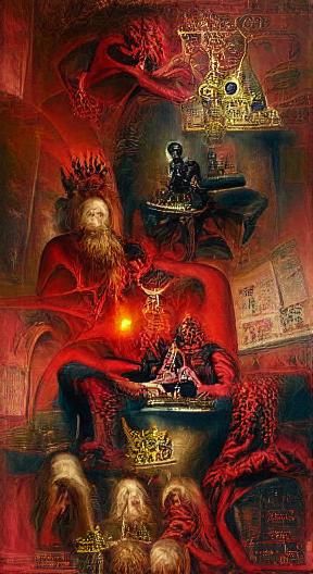 Malevolent Eldritch King on Throne in Fiery Netherworld