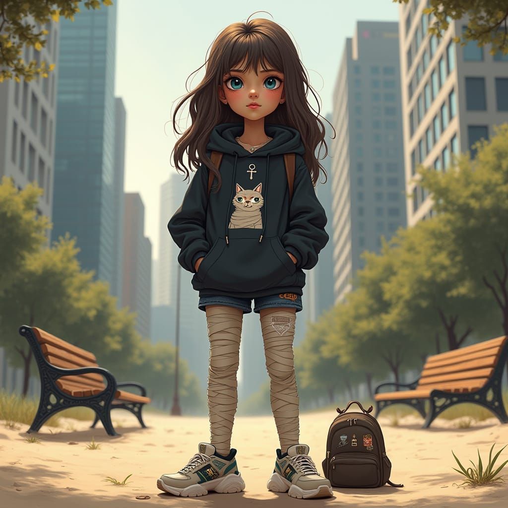 Ethereal Urban Mummy Girl in Modern City Park
