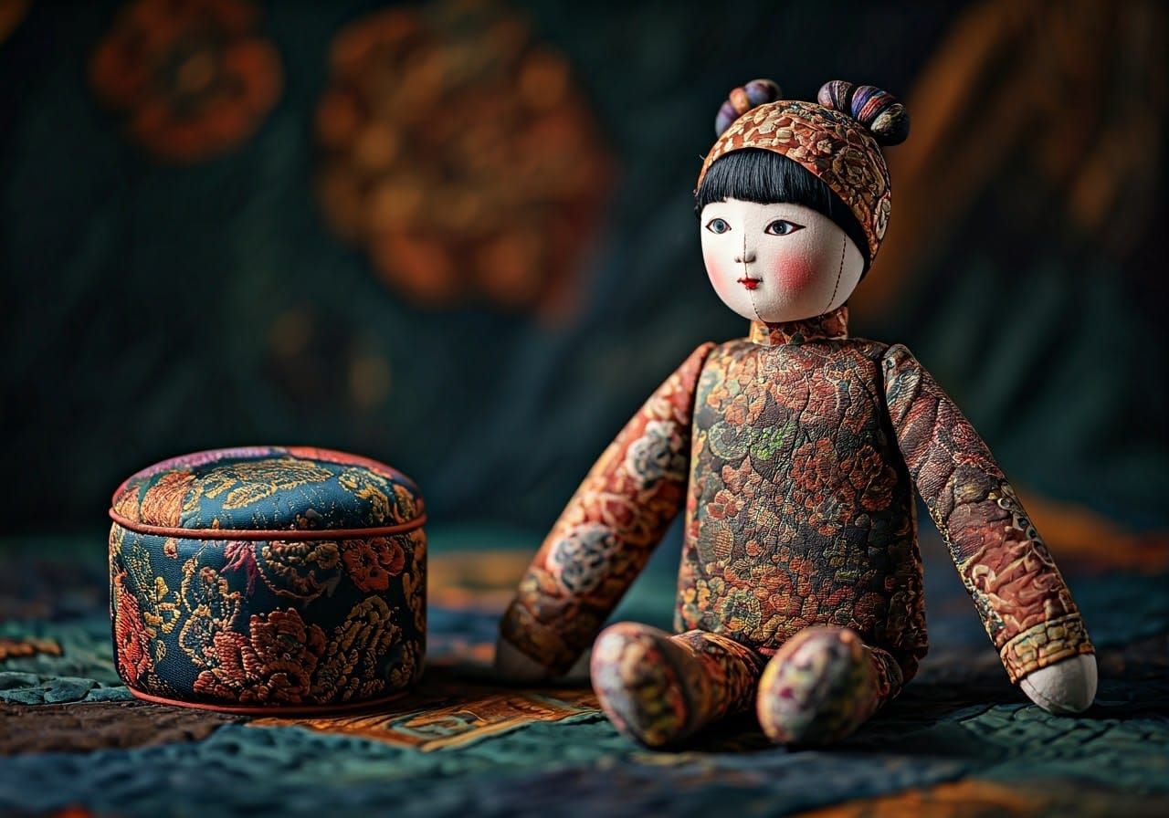 Surreal Silk Doll Contemplates Traditional Chinese Landscape