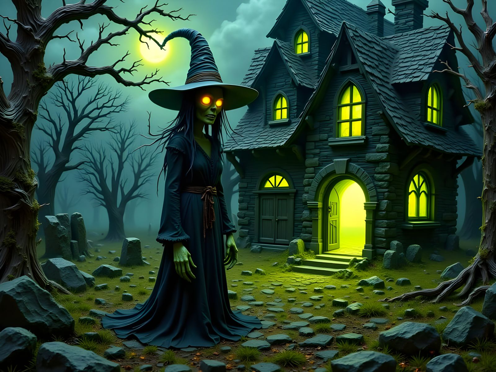 Claymation Zombie Witch in Mystical Autumn Landscape