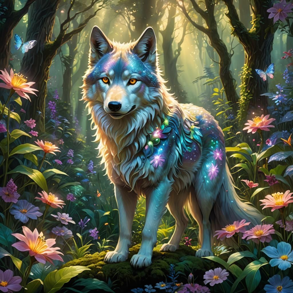 Fairy and Magic Wolf in Dreamy Forest