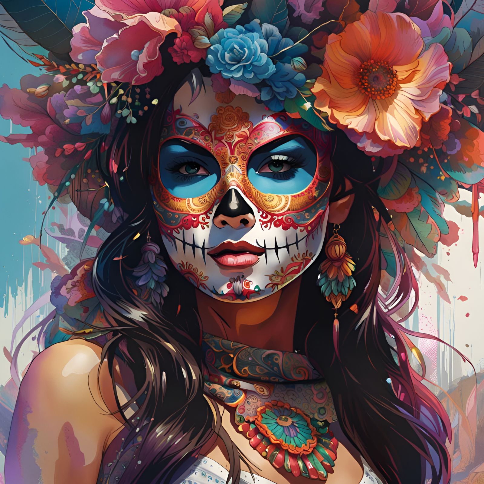Mexican Girl with Sugar Skull Mask, Surreal Art
