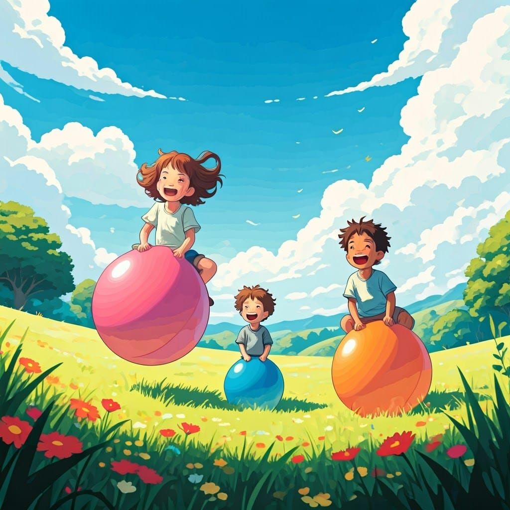Children Playing in Meadow, Animated Style