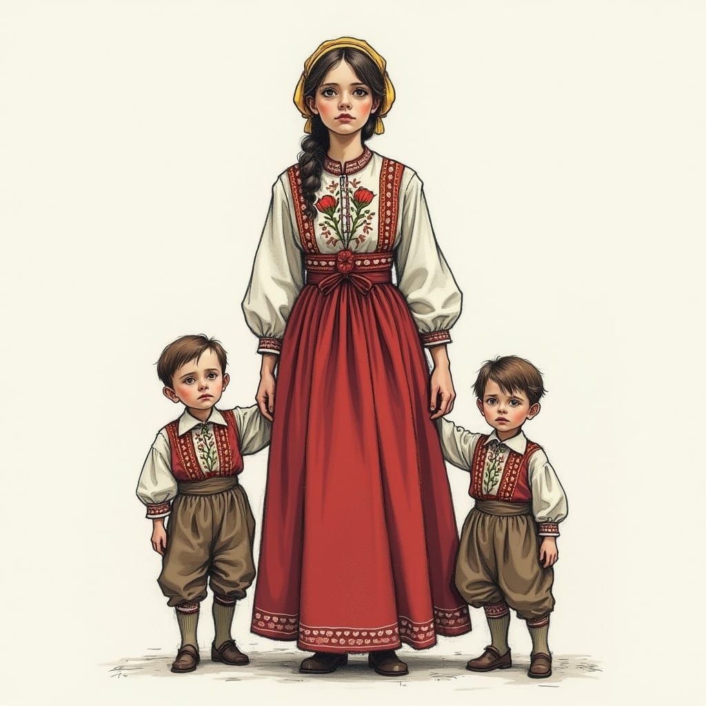 A Mother's Sorrow: Heartfelt Sketch in Traditional Romanian....