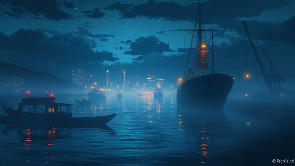 Anime Night Harbor with City Light Reflections