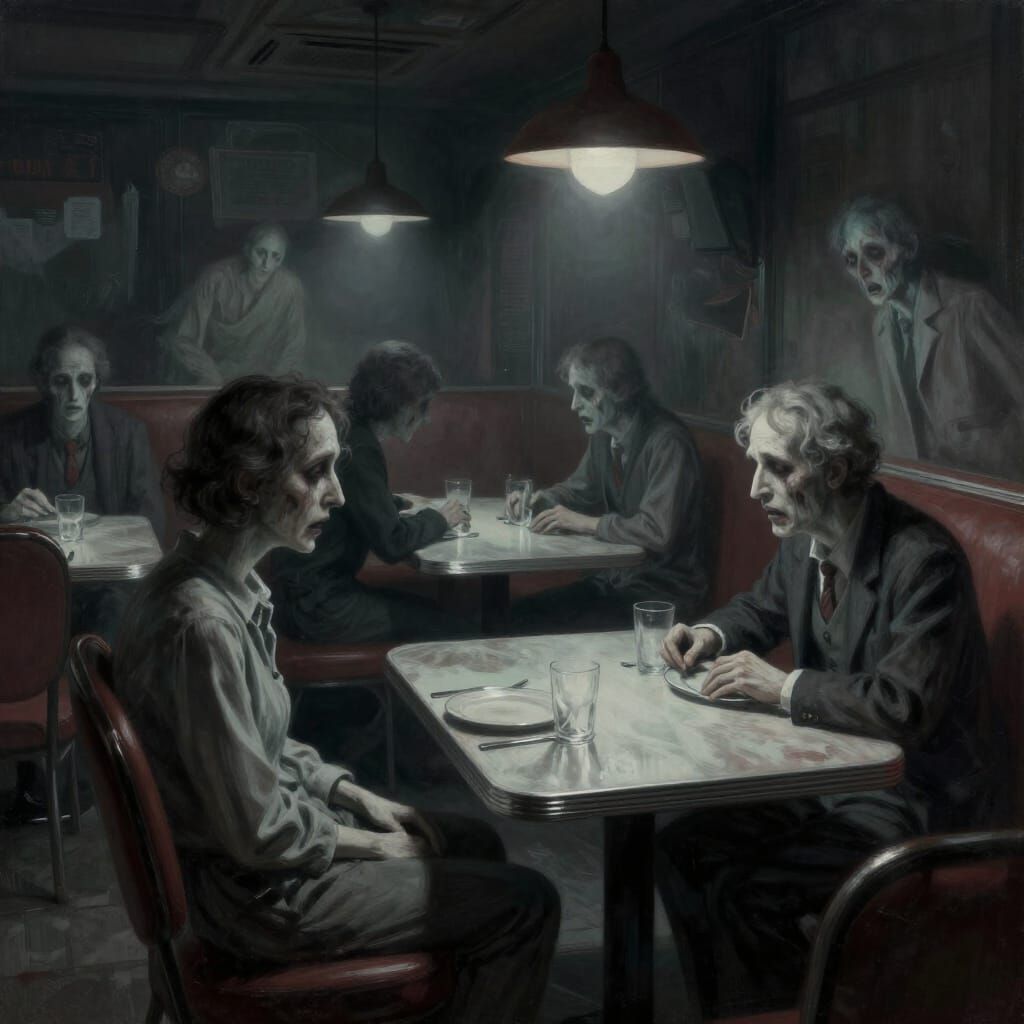 Spectral Patrons Haunt Creepy Diner in Digital Painting