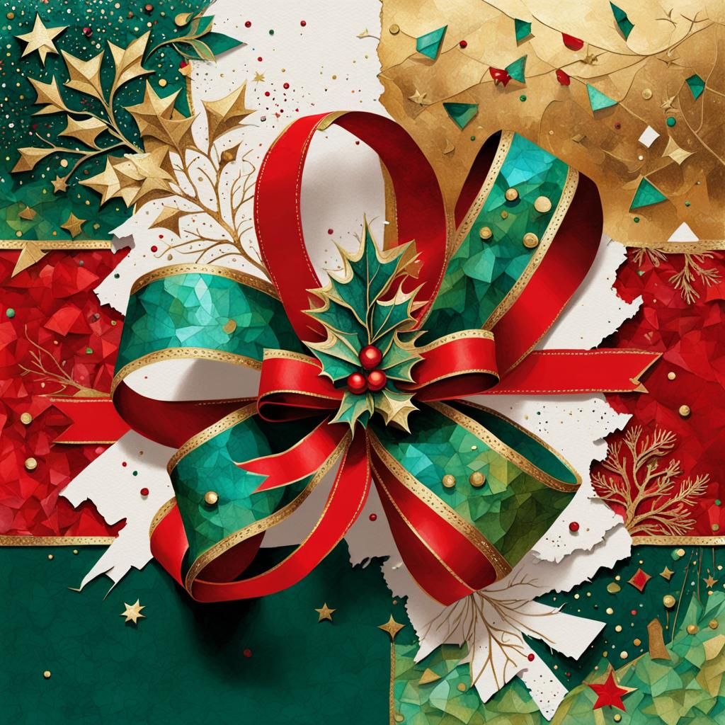 Christmas Gift with Red Ribbon in Cubist Style