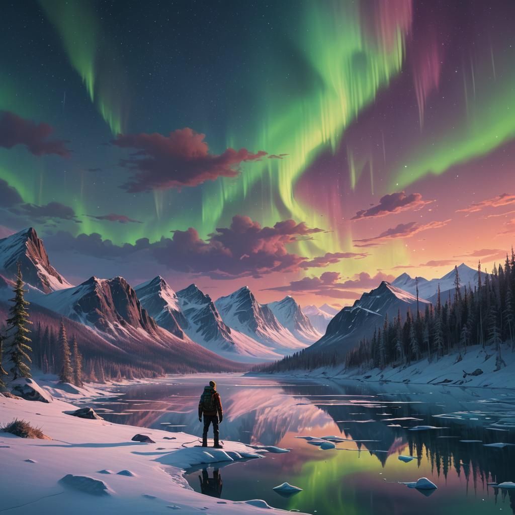 Aurora Borealis Over Frozen Lake: Fantasy Landscape