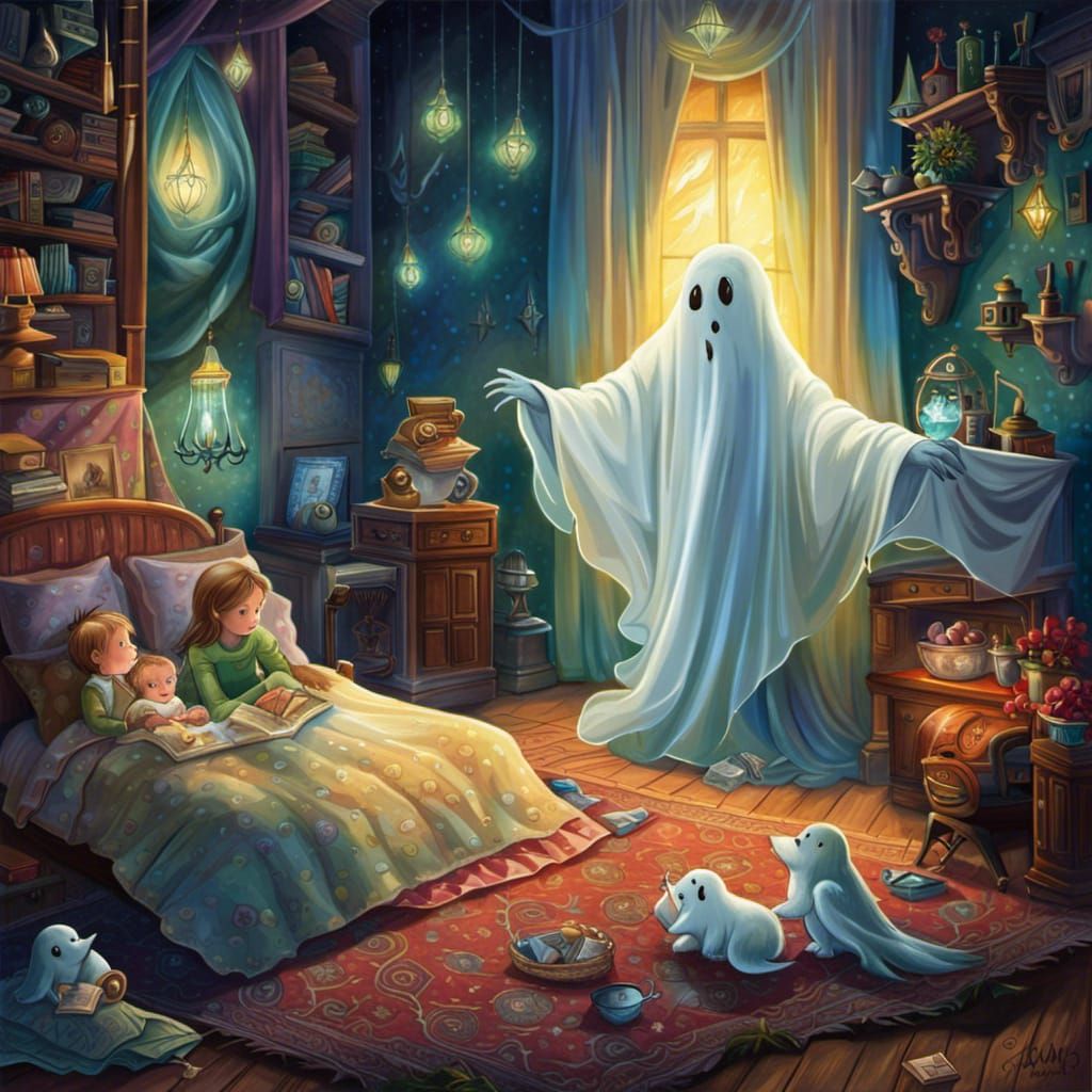 A friendly ghost telling a bedtime story