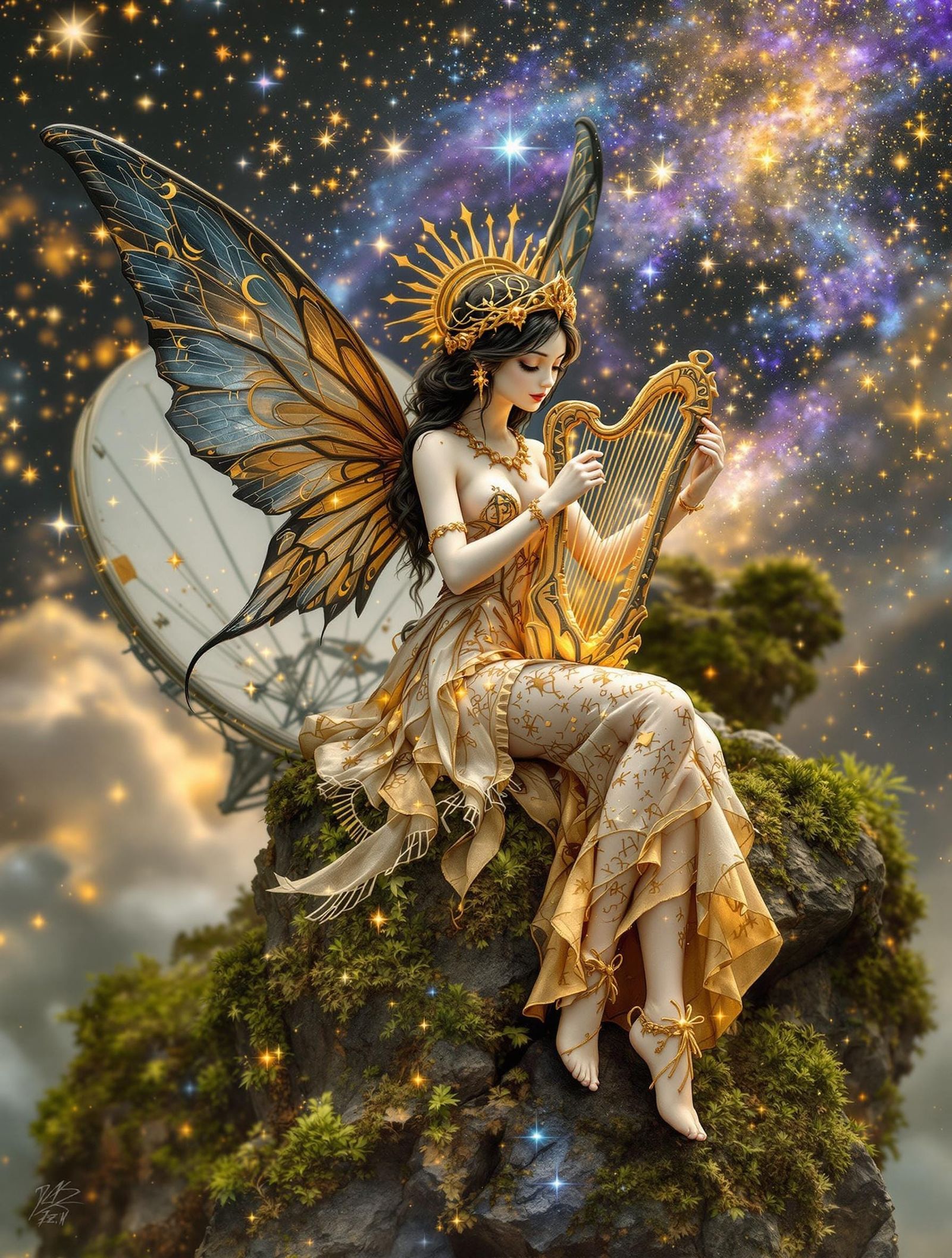 Celestial Fairy Plays Crystal Harp Amidst Cosmic Weaves