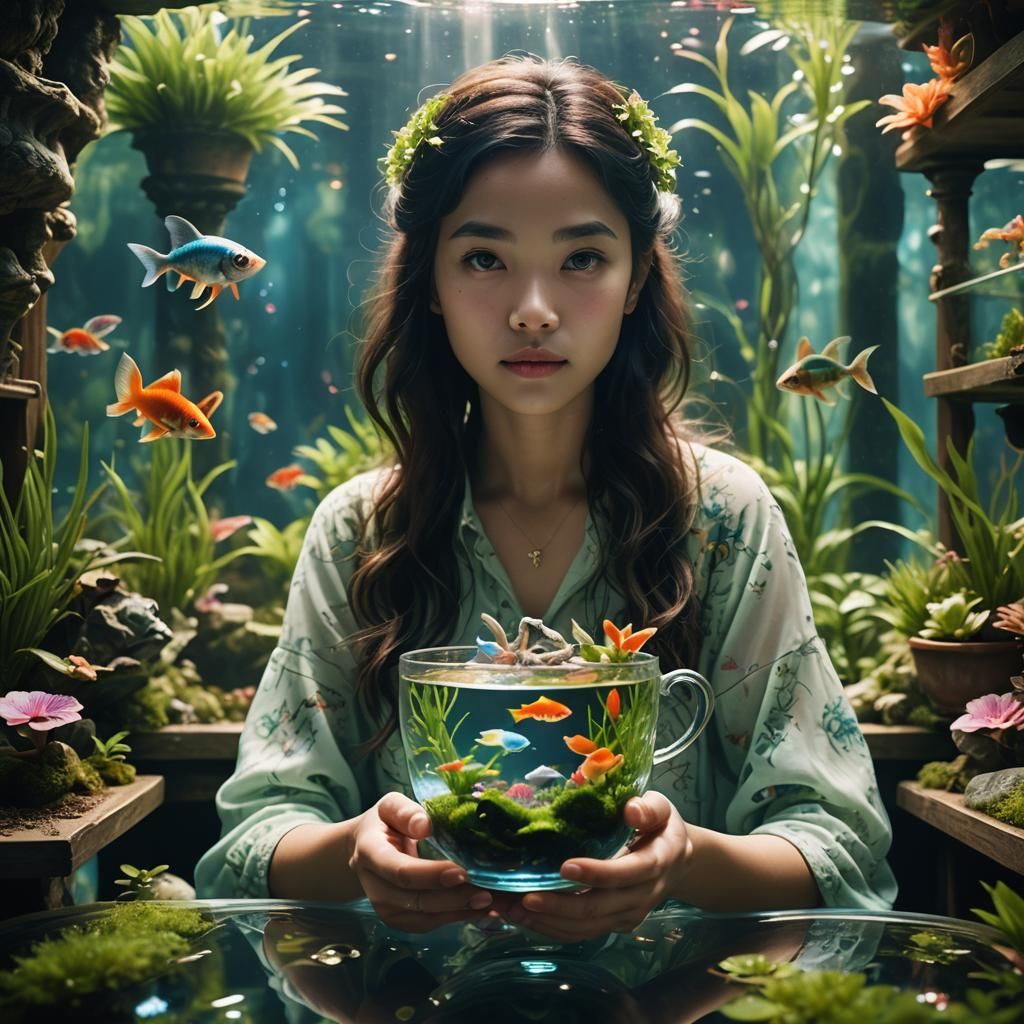 Woman Holding Teacup Aquarium: Fantasy Concept Art