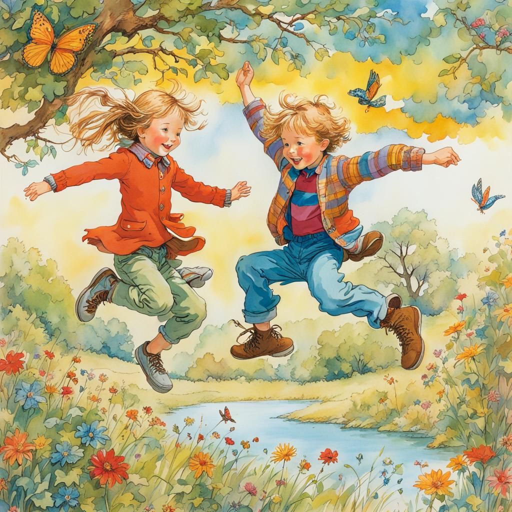 Playful Siblings Jumping in Colorful Illustration Style