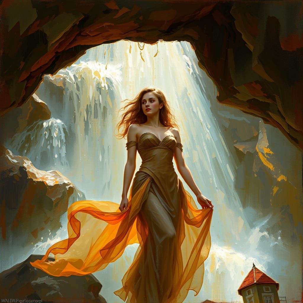Woman Under Waterfall in Art Nouveau Style