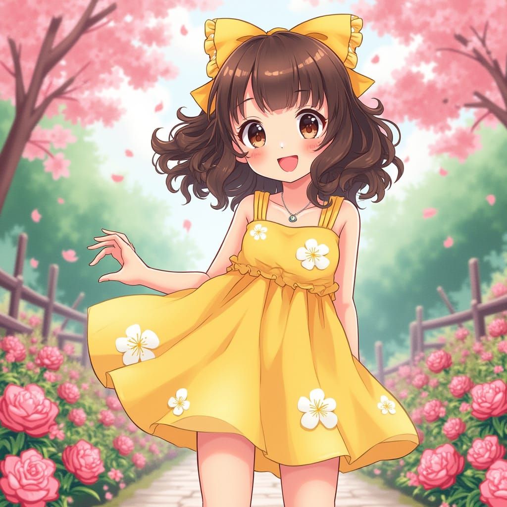 Anime Girl in Japanese Garden with Cherry Blossoms
