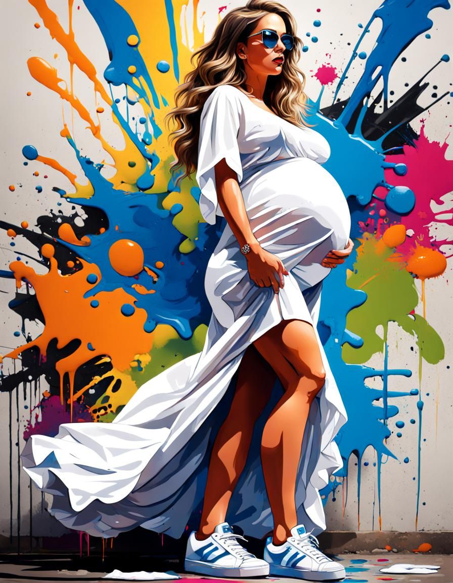 Pregnant Pop Star on Stage in Graffiti Art Style