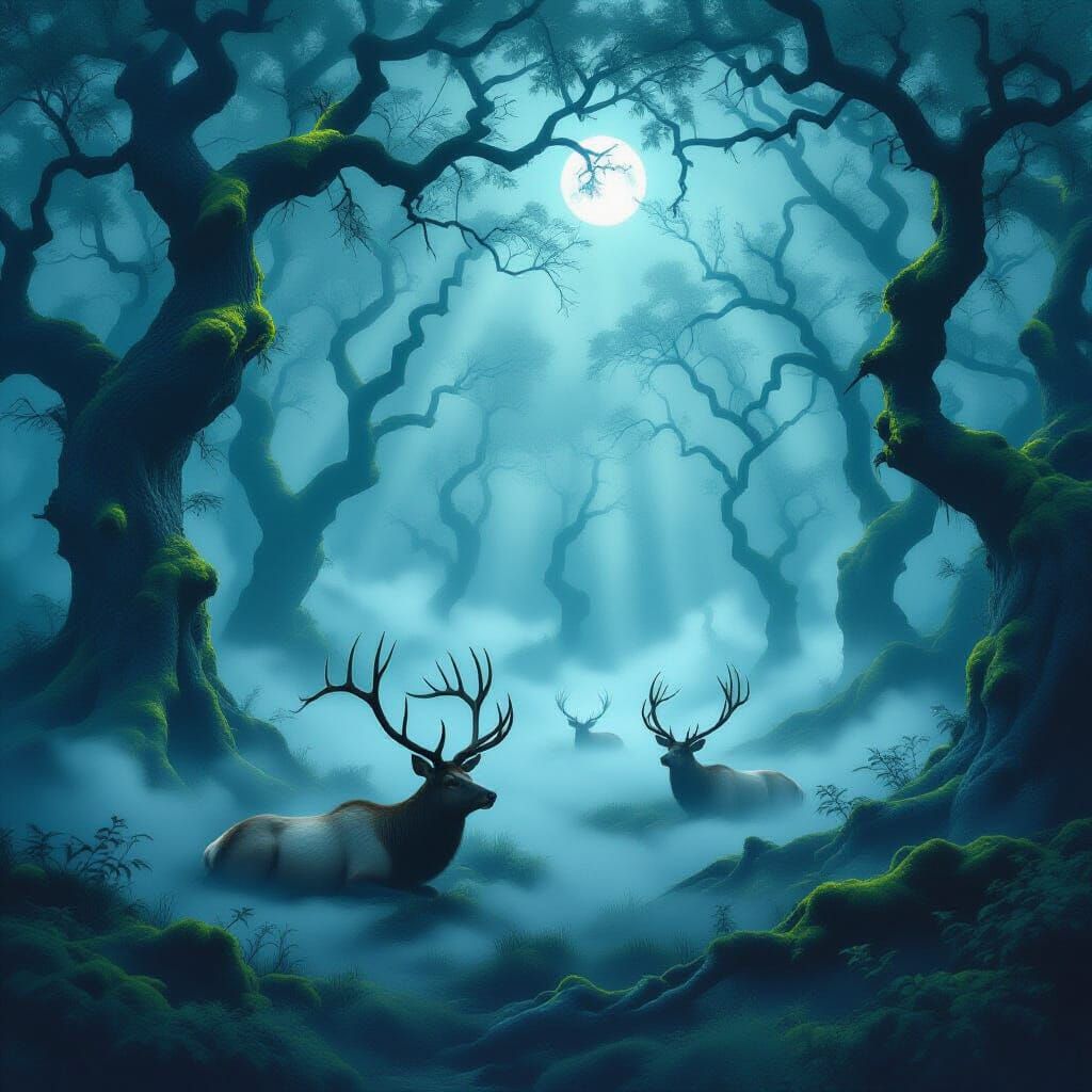 Surreal Forest Scene With Majestic Elk in Ethereal Fog