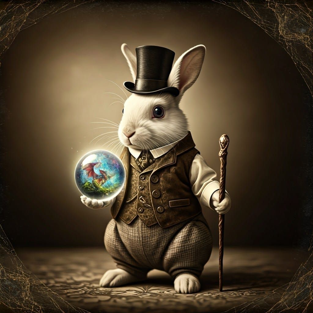 1869 photograph of a white rabbit holding an eerily lit magi...