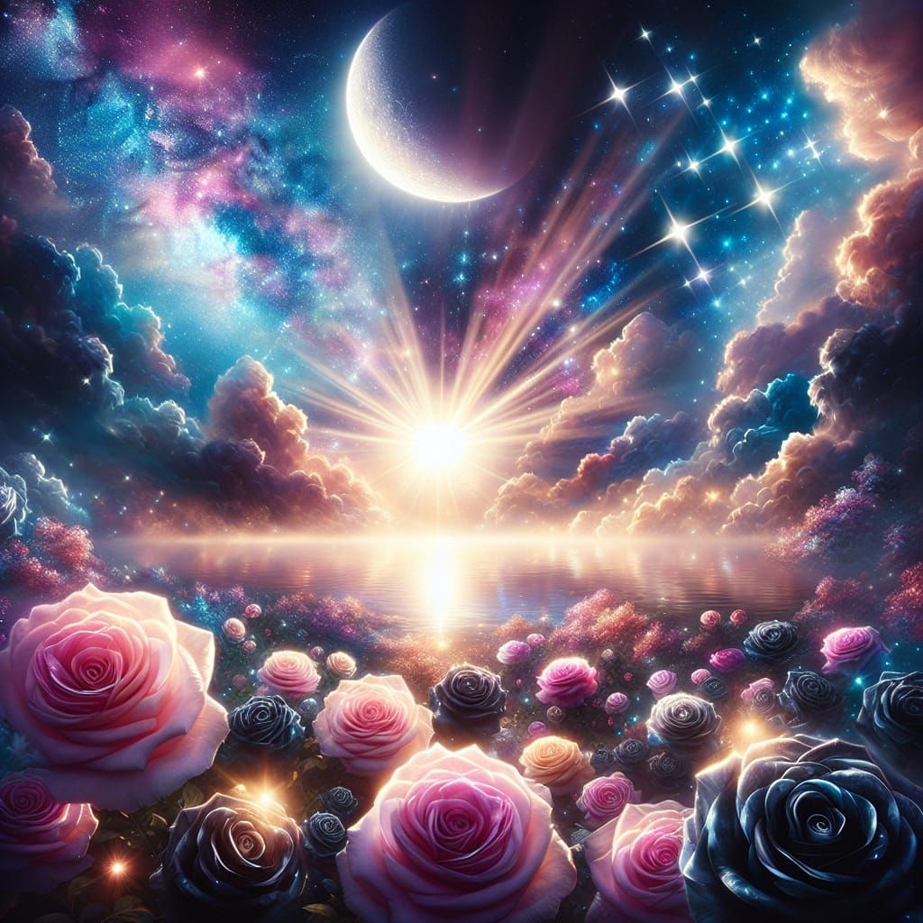 Ethereal Black Rose Garden Under Galaxy Sky