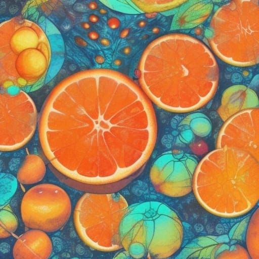 Colorful Orange Fruit Collage in Mixed Media