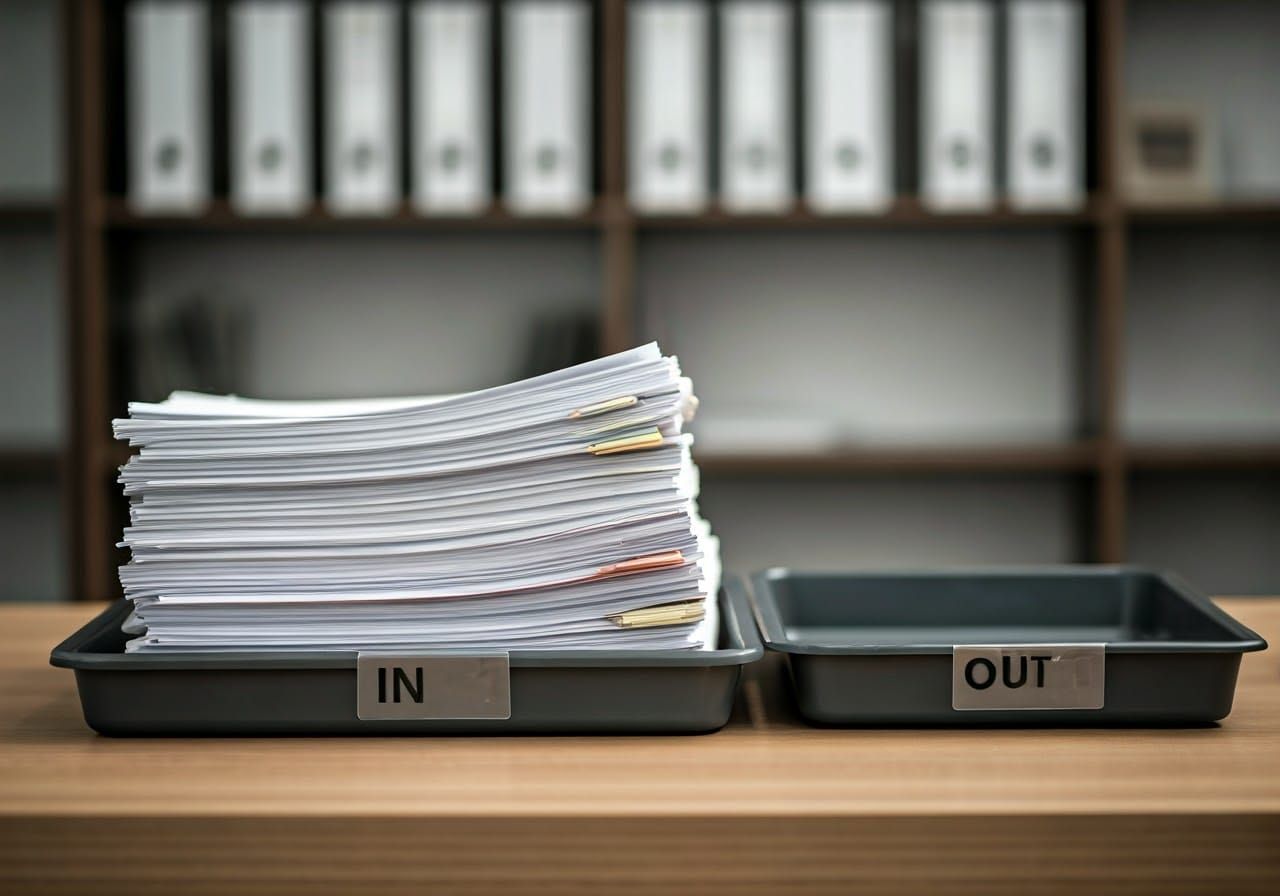 A Desk with IN and OUT Trays in a Professsional Studio Setti...