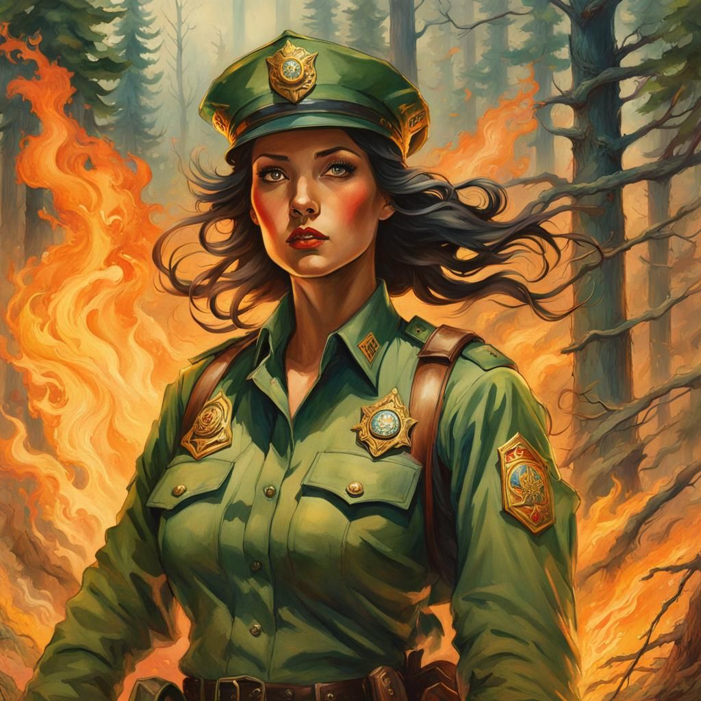 Forest Service Woman Fights Fire in Watercolor Style