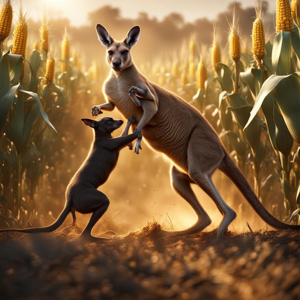 Kangaroo Boxing Dog in Cornfield: Detailed Matte Painting
