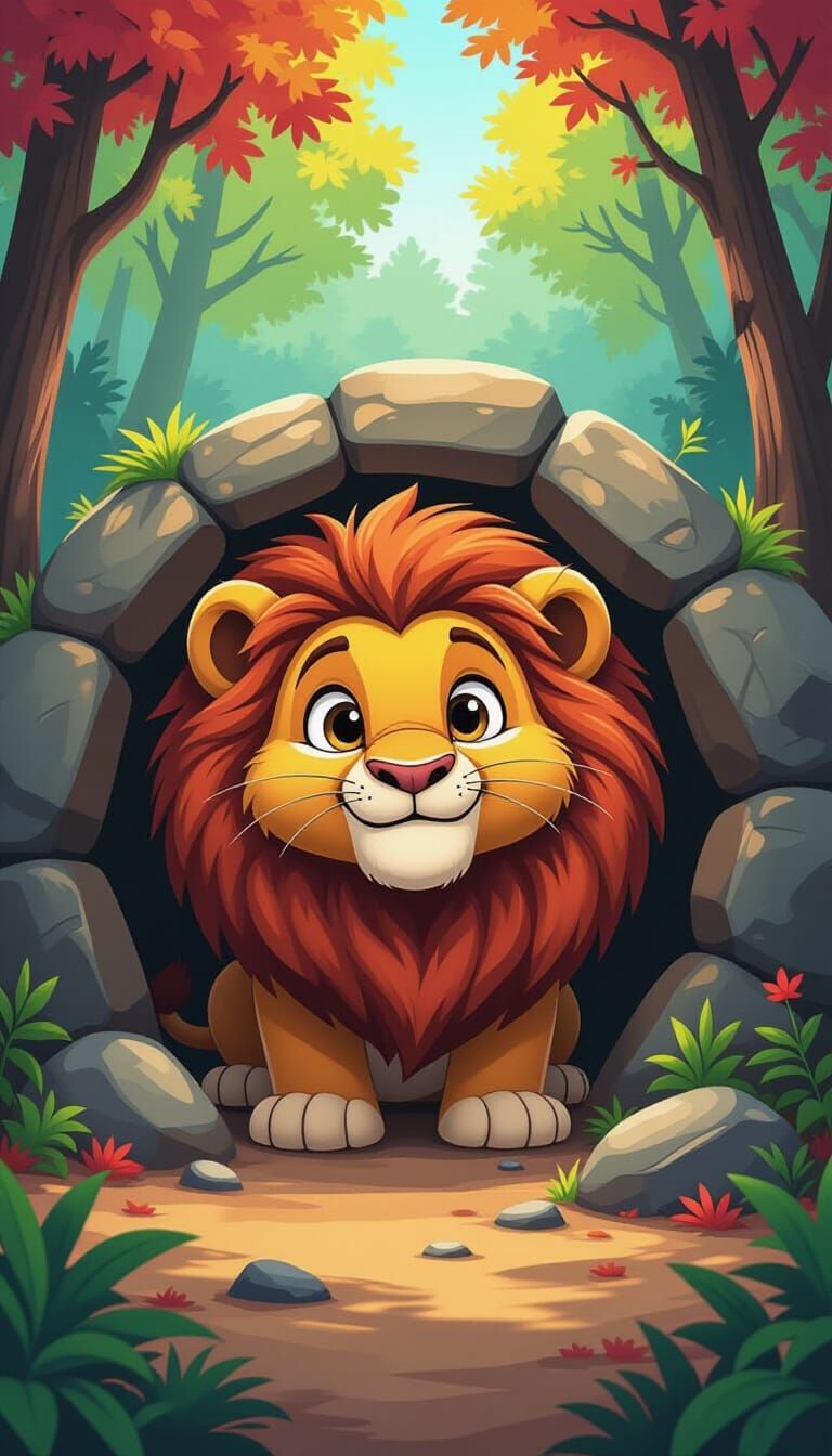 Lion Peeking from Cave in Graffiti Splash Art Style
