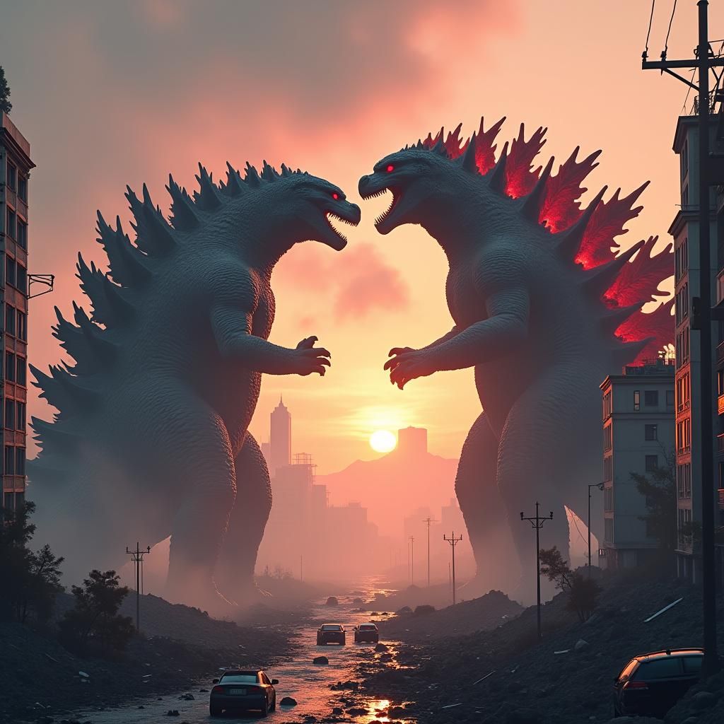 Godzilla Clash in Ruined City: Fantasy Concept Art