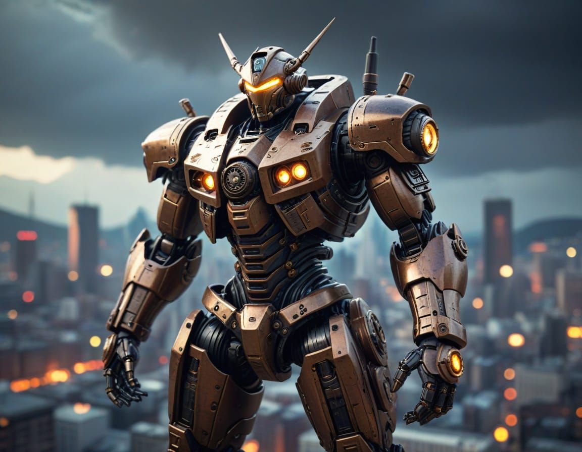 Cyberpunk Mecha Dominates Industrial Cityscape