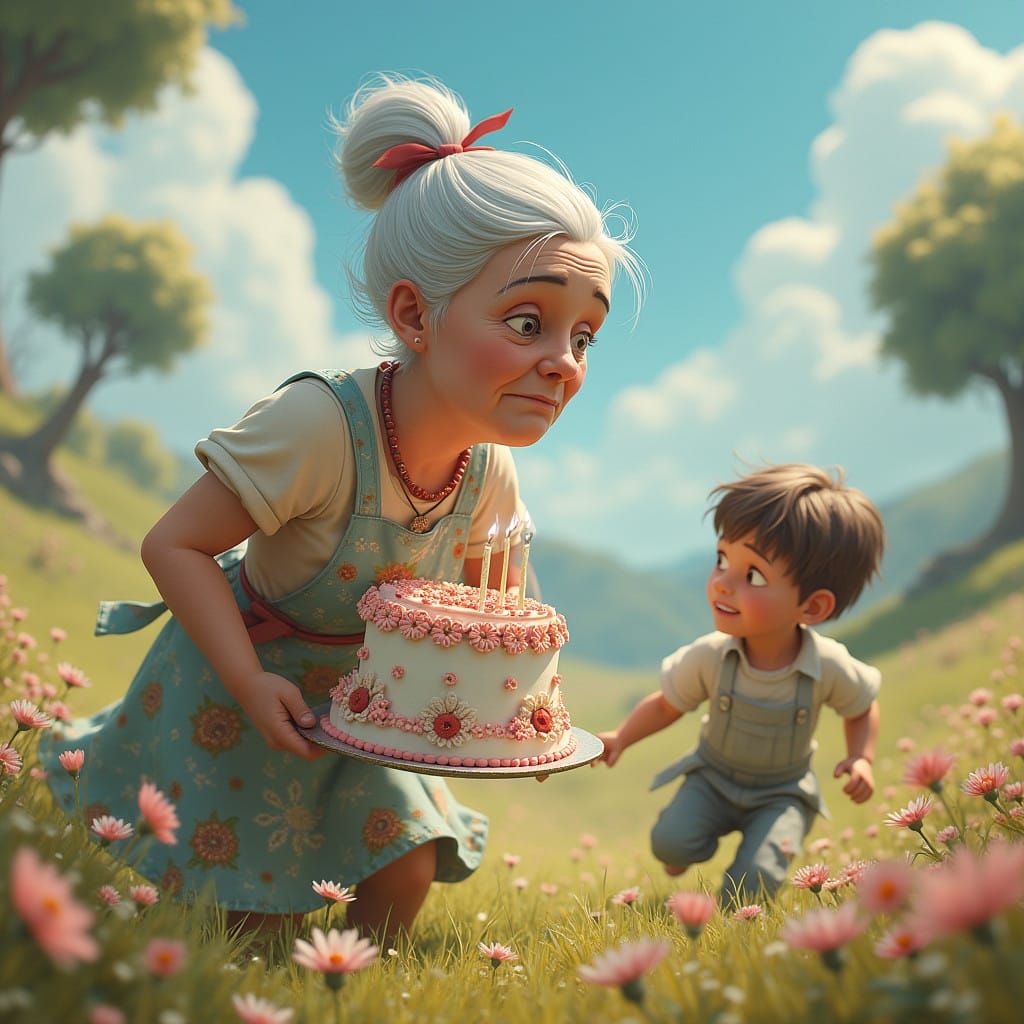 Elderly Woman's Invisible Cake, in Simon Stalenhag Style