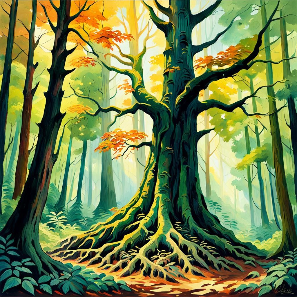 Theacer in Forest, an Impressionist Gouache Painting