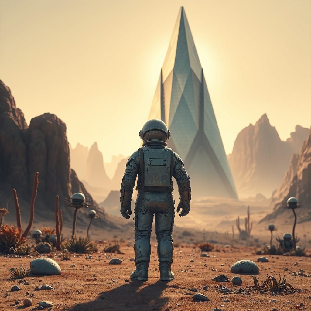 Astronaut and Alien Structure in Dadaist Style