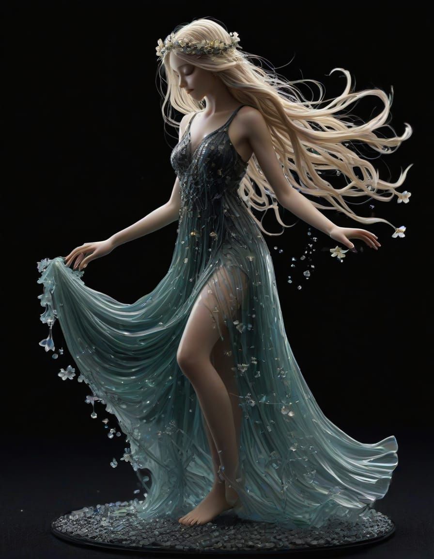 Tiny Fairy Dancing on Reflective Surface in Glass Dress