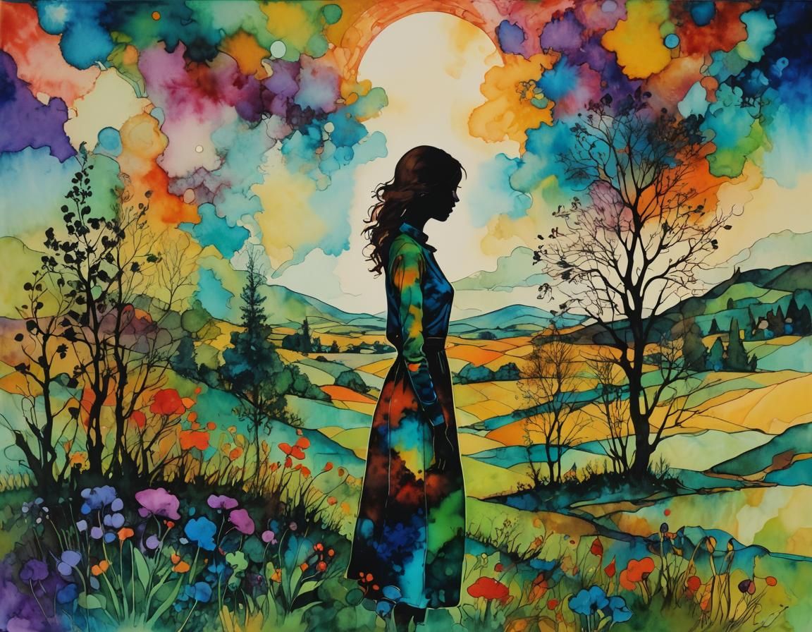Psychedelic Silhouette: Colorful Landscape in Alcohol Ink St...