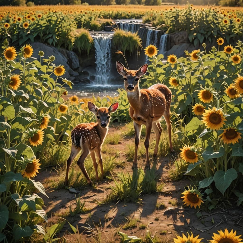 Hyper-Realistic Deer Family in Sunflower Field