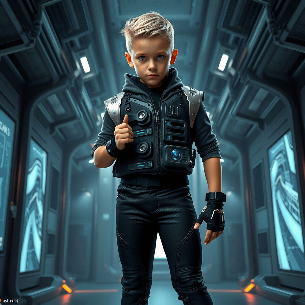 Futuristic Boy Supervillain in Dystopian Industrial Lair