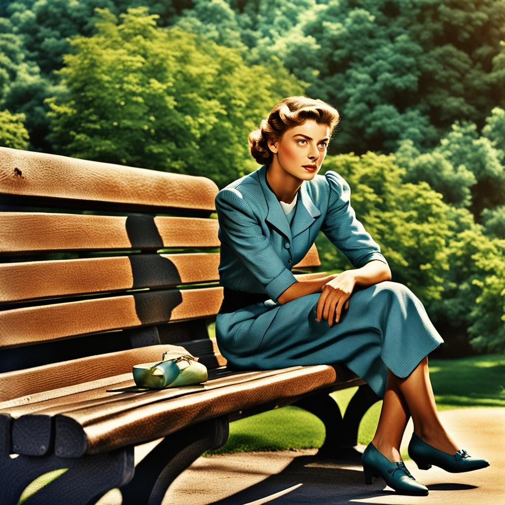 Hyper-Realistic Portrait of Ingrid Bergman on Park Bench