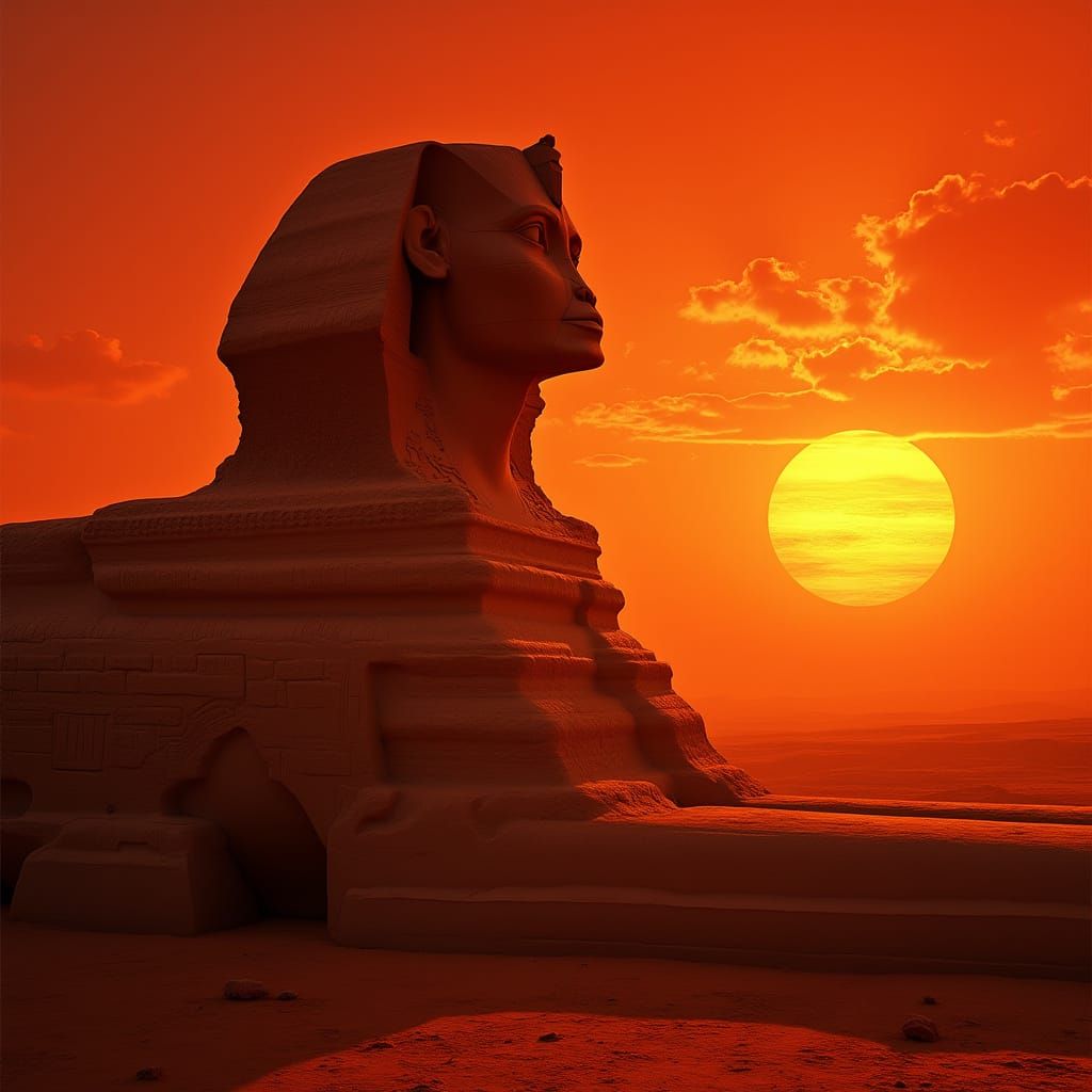 Egyptian Sphinx Silhouetted in Golden Sunset