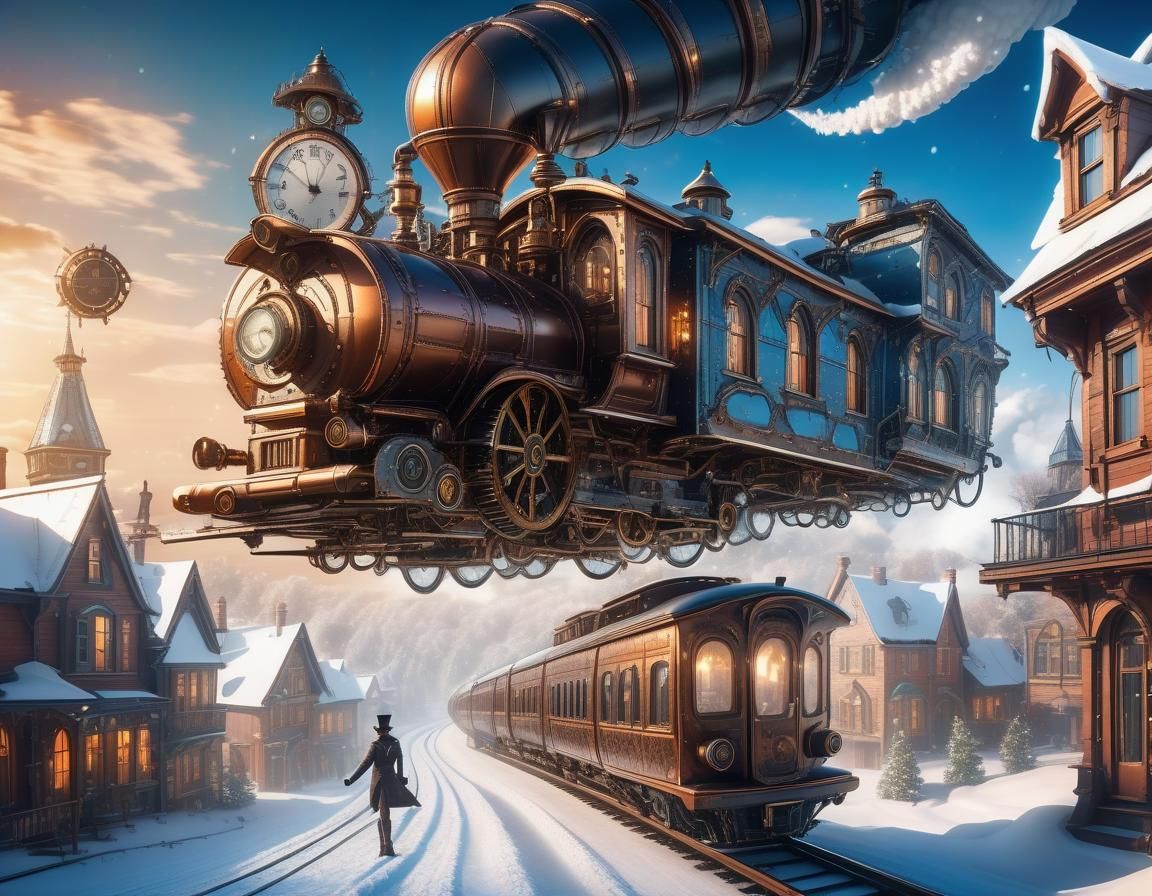 Steampunk Flying Train in Winter Wonderland