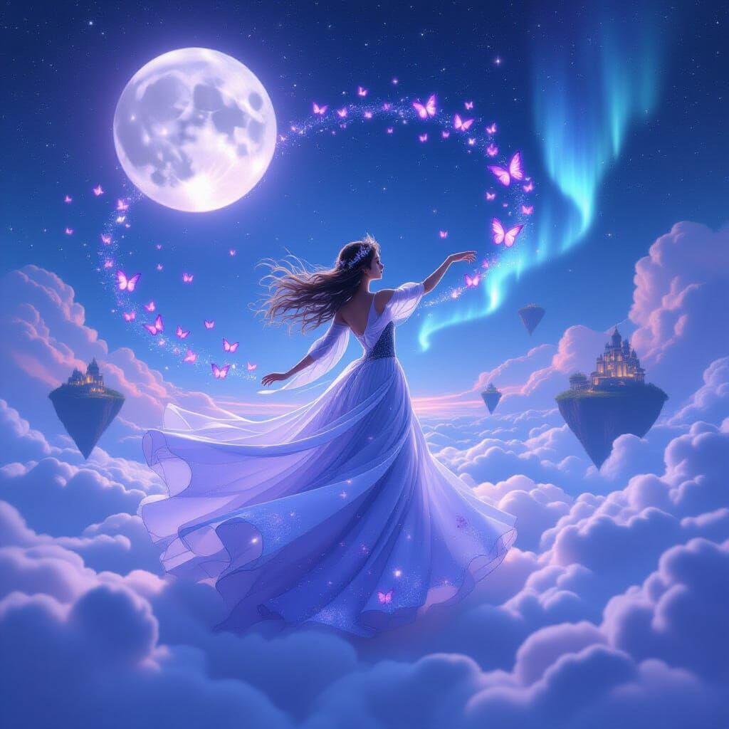 Celestial Maiden Dancing Under Starlit Sky with Glowing Butt...