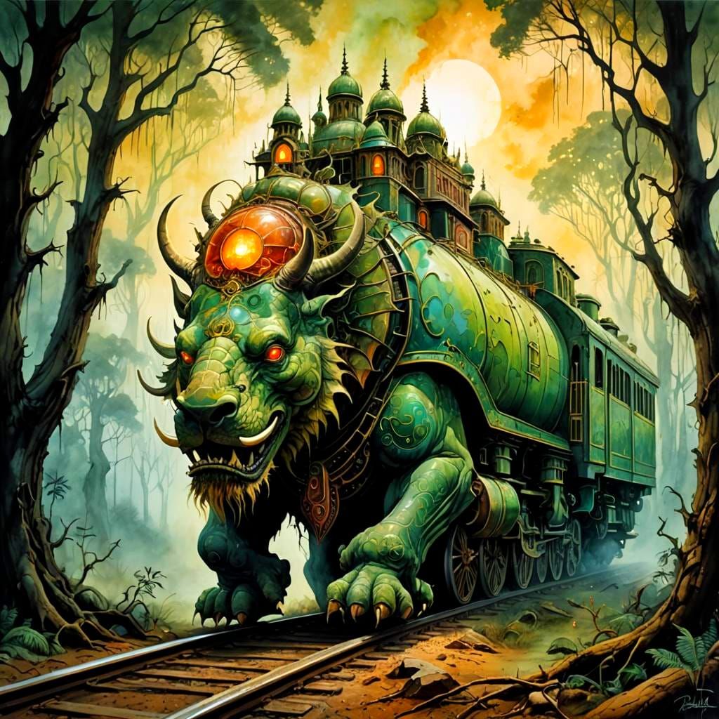 Surreal Beast-Train Forestscape in Alcohol Ink Style