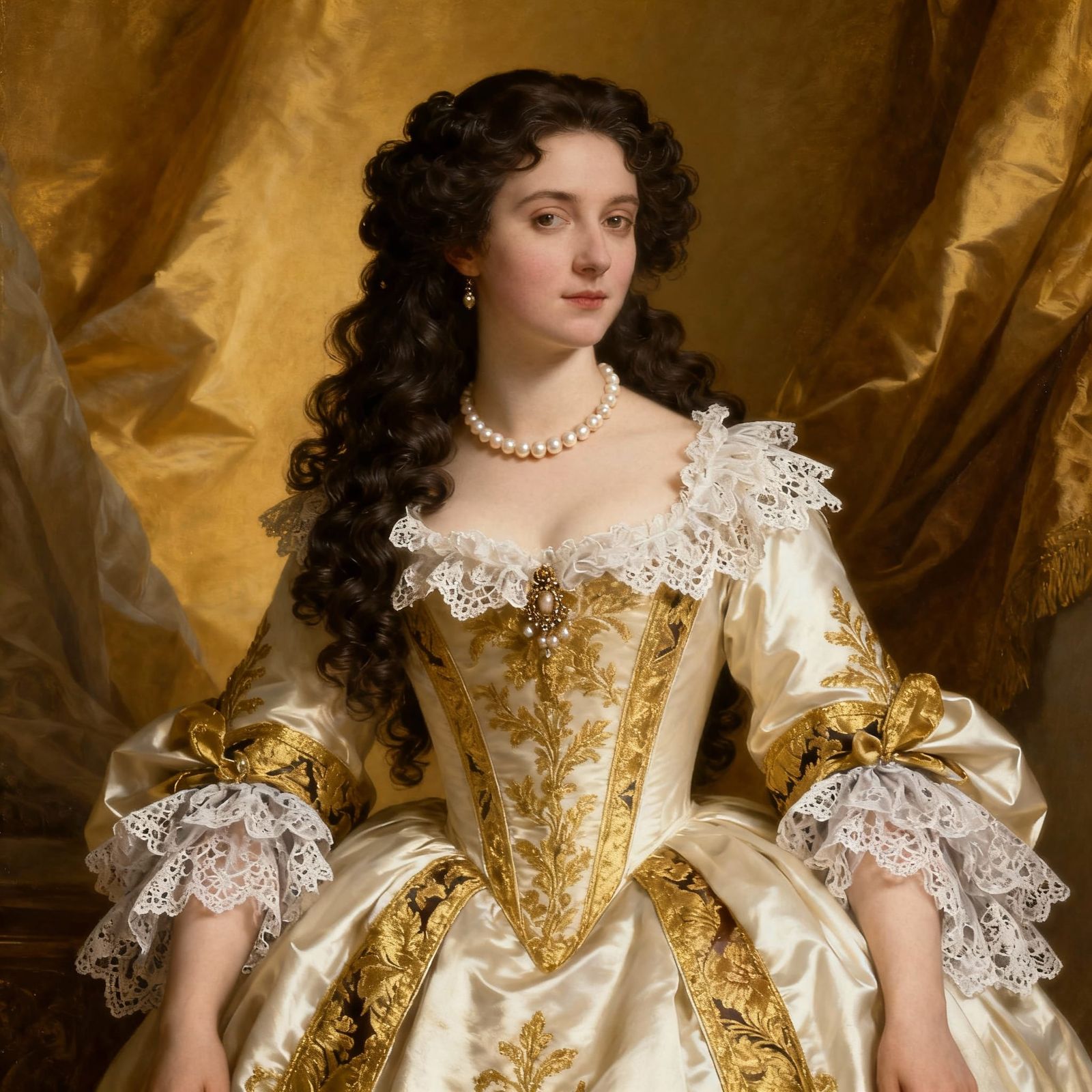 18th Century Woman in Ornate White and Gold Gown