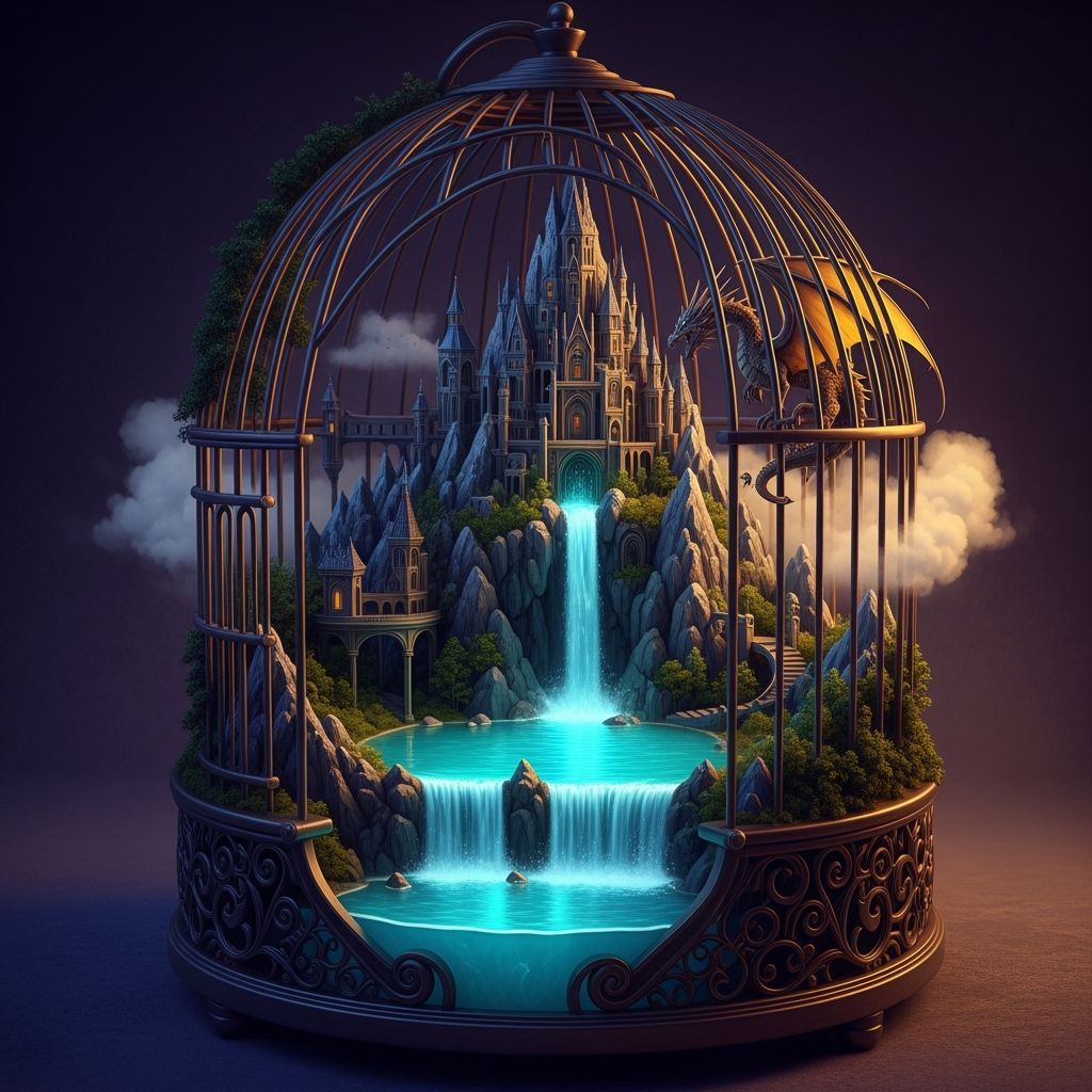 Gothic Castle Inside Birdcage with Dragon