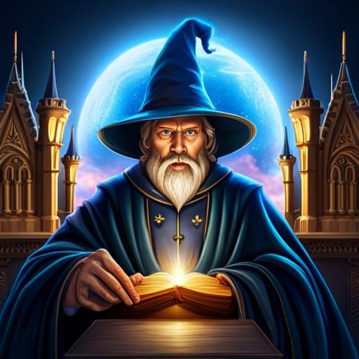 Fantasy Wizard Casting Spells in Stone Tower