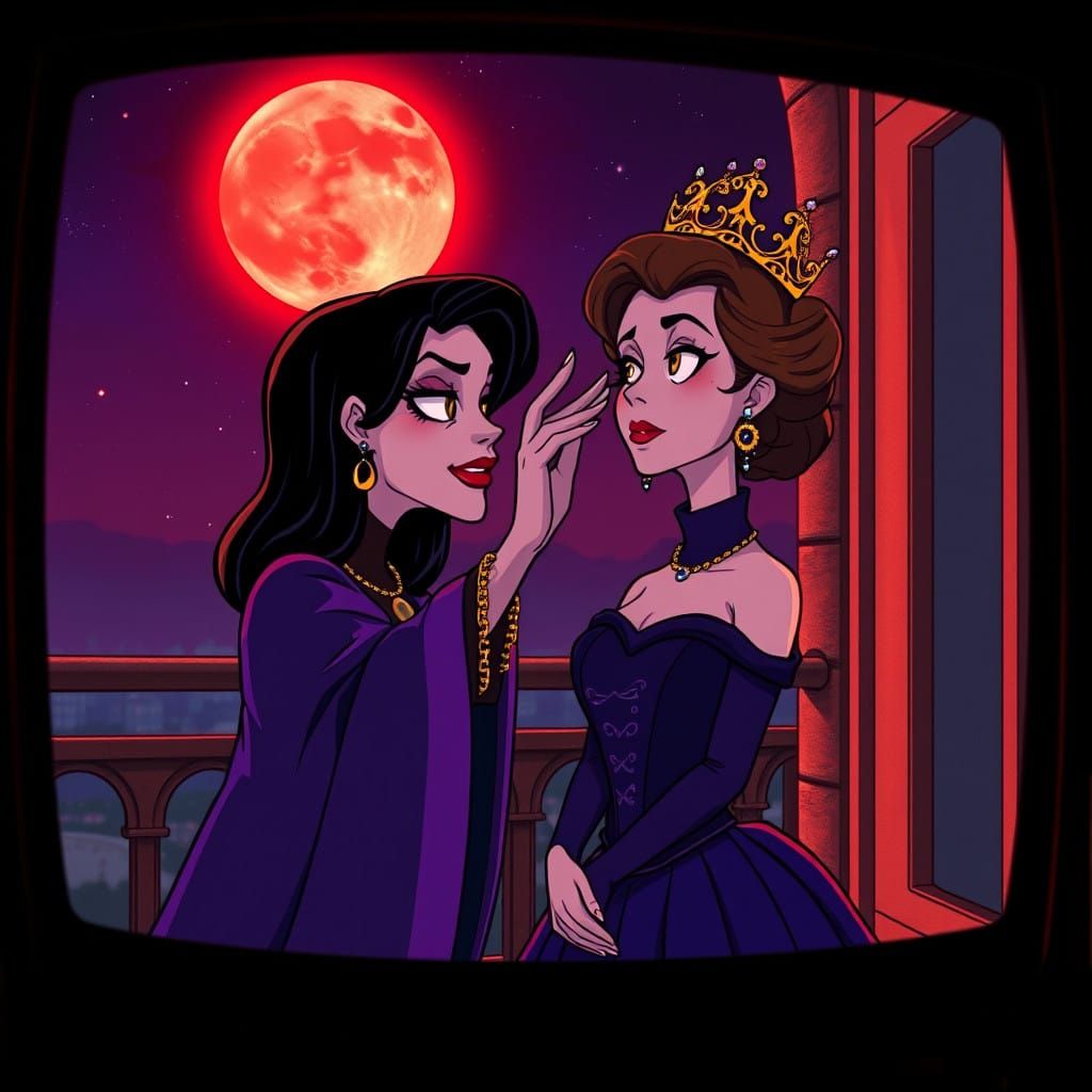 Moonlit Sorceress and Queen in Vintage Cartoon Style